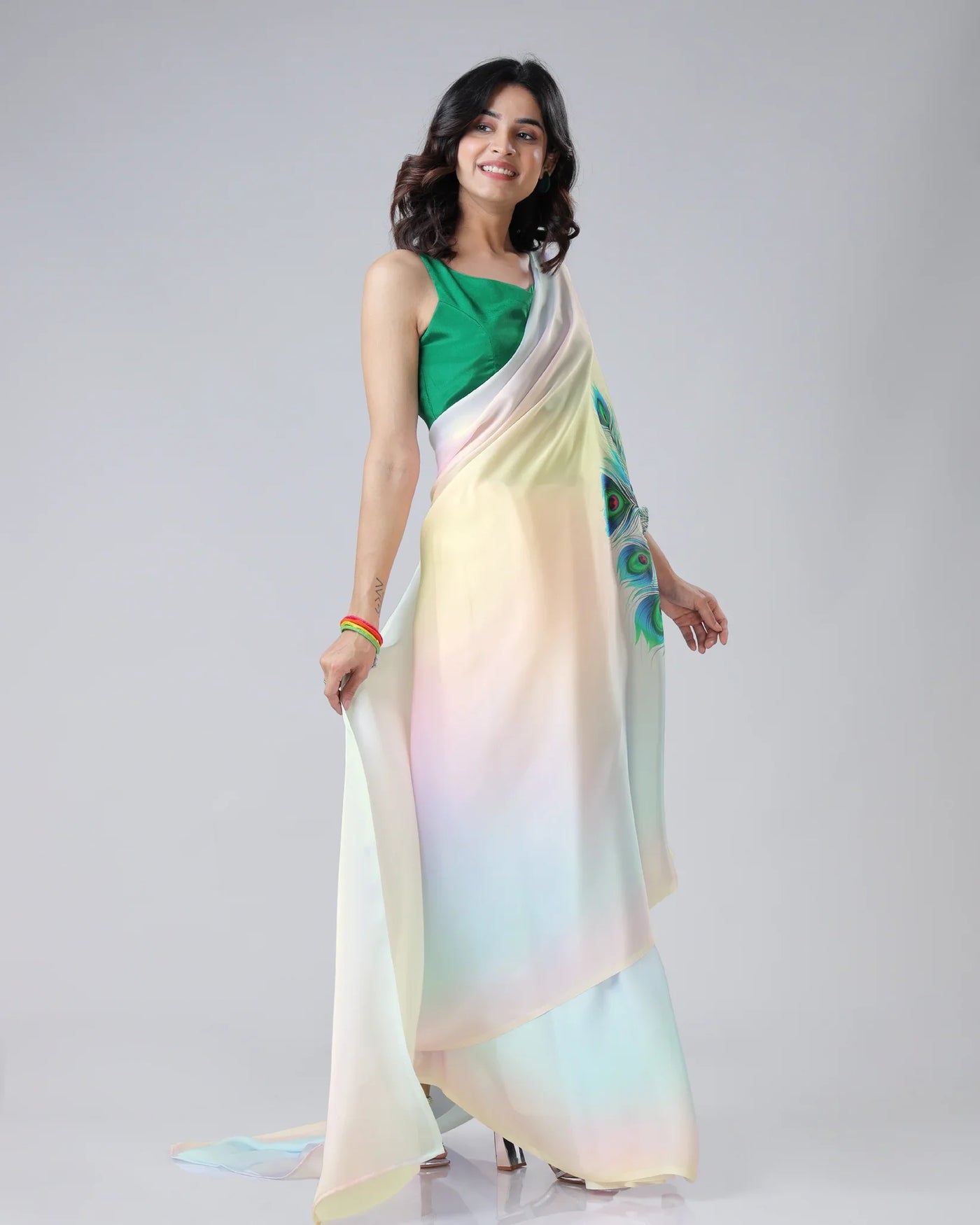 Pastel Rainbow Freehand Saree with Peacock Feather Print in Georgette Satin – Ready to Wear Designer Drape