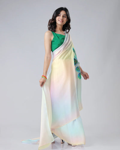 Pastel Rainbow Freehand Saree with Peacock Feather Print in Georgette Satin – Ready to Wear Designer Drape