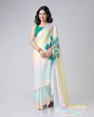 Pastel Rainbow Freehand Saree with Peacock Feather Print in Georgette Satin – Ready to Wear Designer Drape
