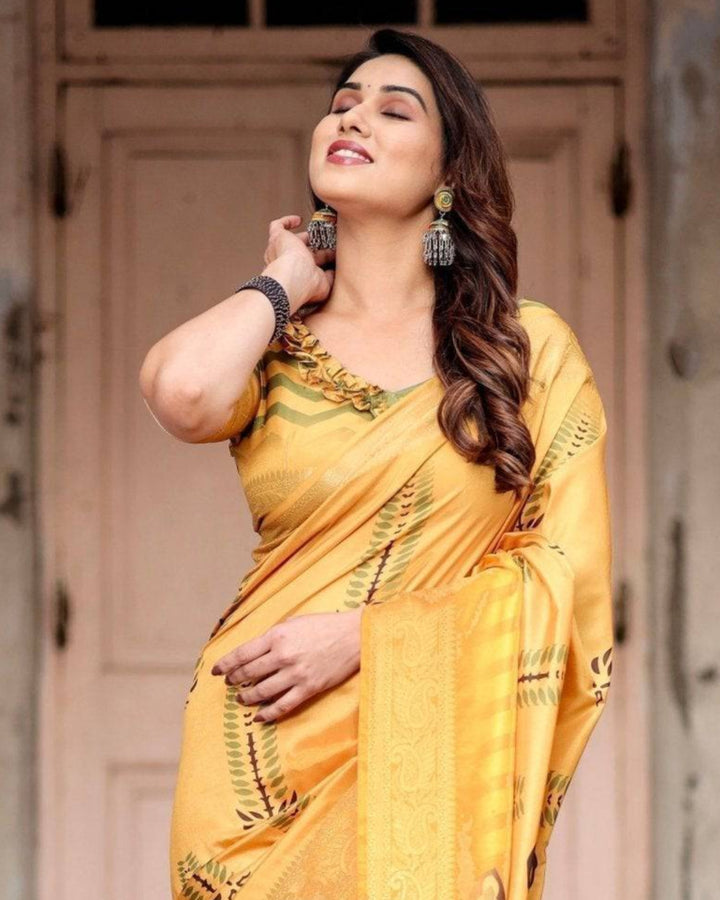 Mustard Yellow Tussar Silk Saree with Minimal Botanical Print, Golden Zari Border & Geometric Pallu