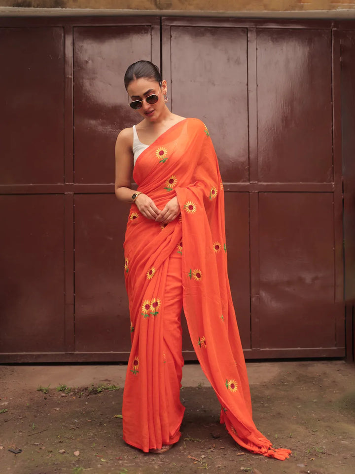 Vibrant Orange Mul Cotton Saree with Sunflower Floral Embroidery & Tasselled Pallu