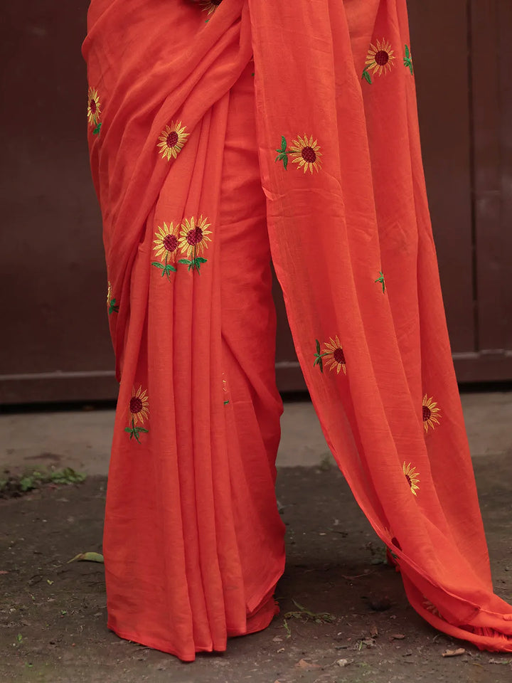 Vibrant Orange Mul Cotton Saree with Sunflower Floral Embroidery & Tasselled Pallu, Comes With Attached Blouse Piece