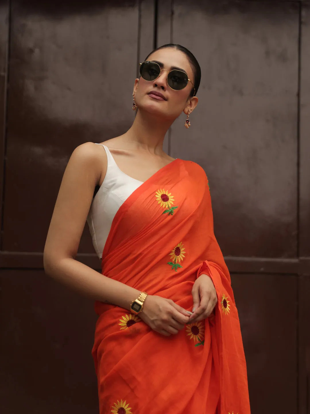 Vibrant Orange Mul Cotton Saree with Sunflower Floral Embroidery & Tasselled Pallu