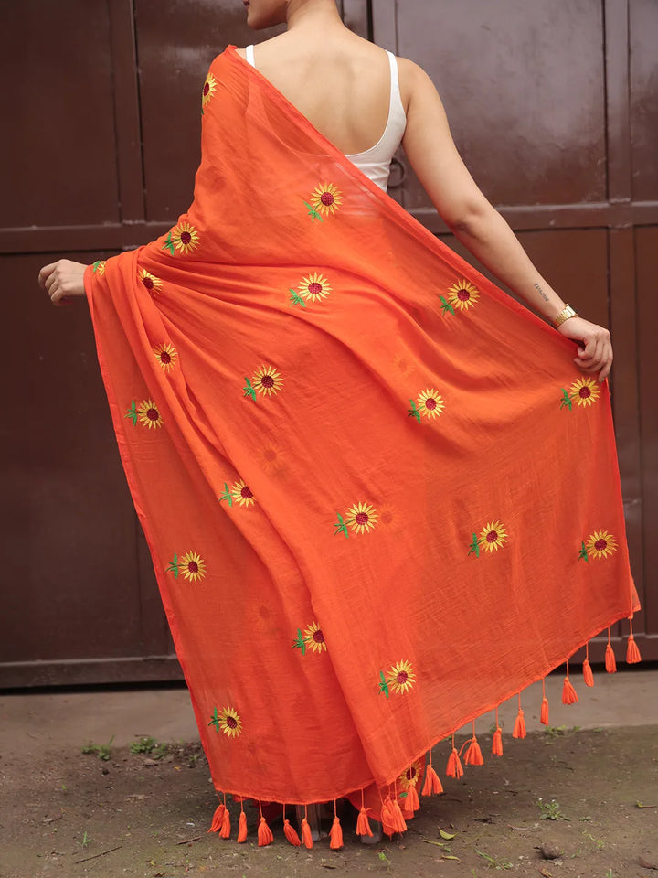 Vibrant Orange Mul Cotton Saree with Sunflower Floral Embroidery & Tasselled Pallu