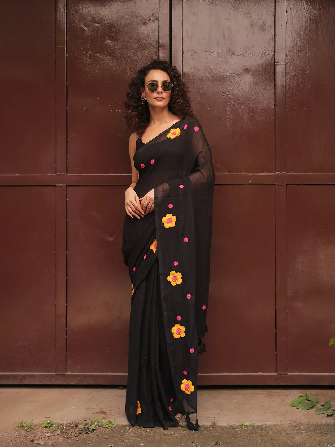 Black Mul Cotton Saree with Yellow & Pink Floral Appliqué and Tasselled Pallu
