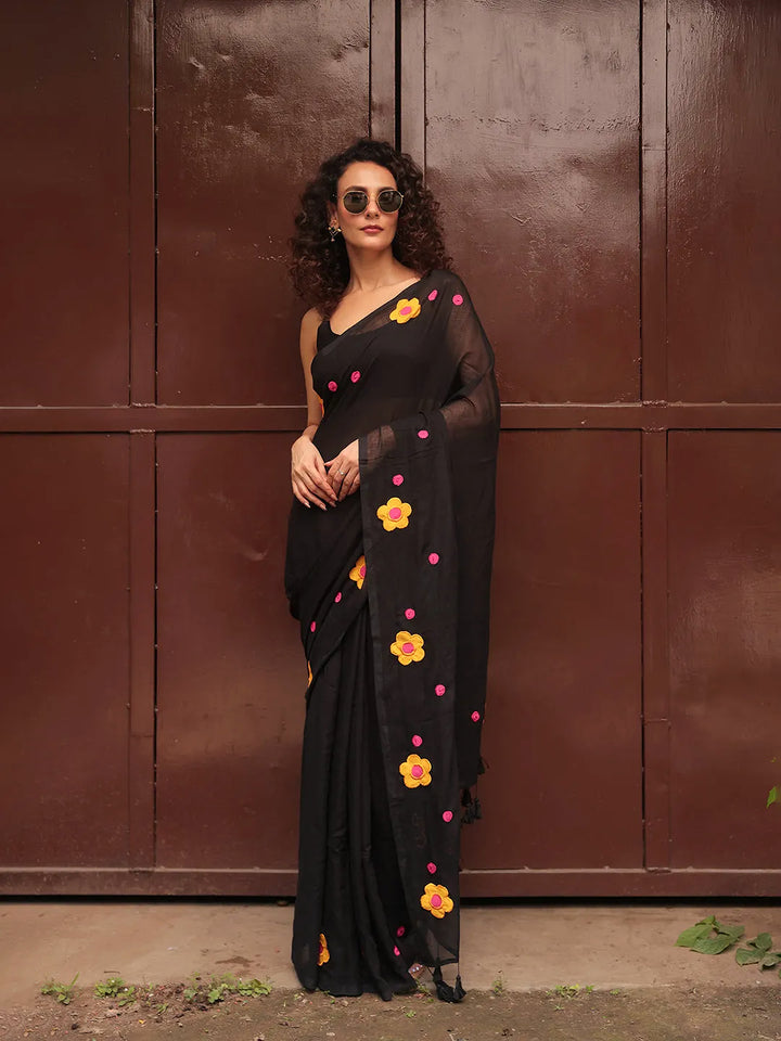 Black Mul Cotton Saree with Yellow & Pink Floral Appliqué and Tasselled Pallu, Comes With Attached Blouse Piece