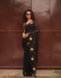 Black Mul Cotton Saree with Yellow & Pink Floral Appliqué and Tasselled Pallu, Comes With Attached Blouse Piece