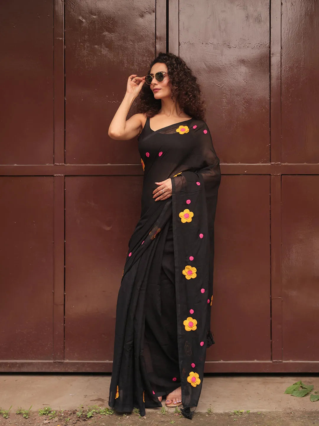 Black Mul Cotton Saree with Yellow & Pink Floral Appliqué and Tasselled Pallu