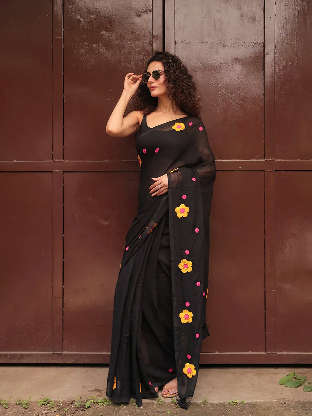 Black Mul Cotton Saree with Yellow & Pink Floral Appliqué and Tasselled Pallu, Comes With Attached Blouse Piece