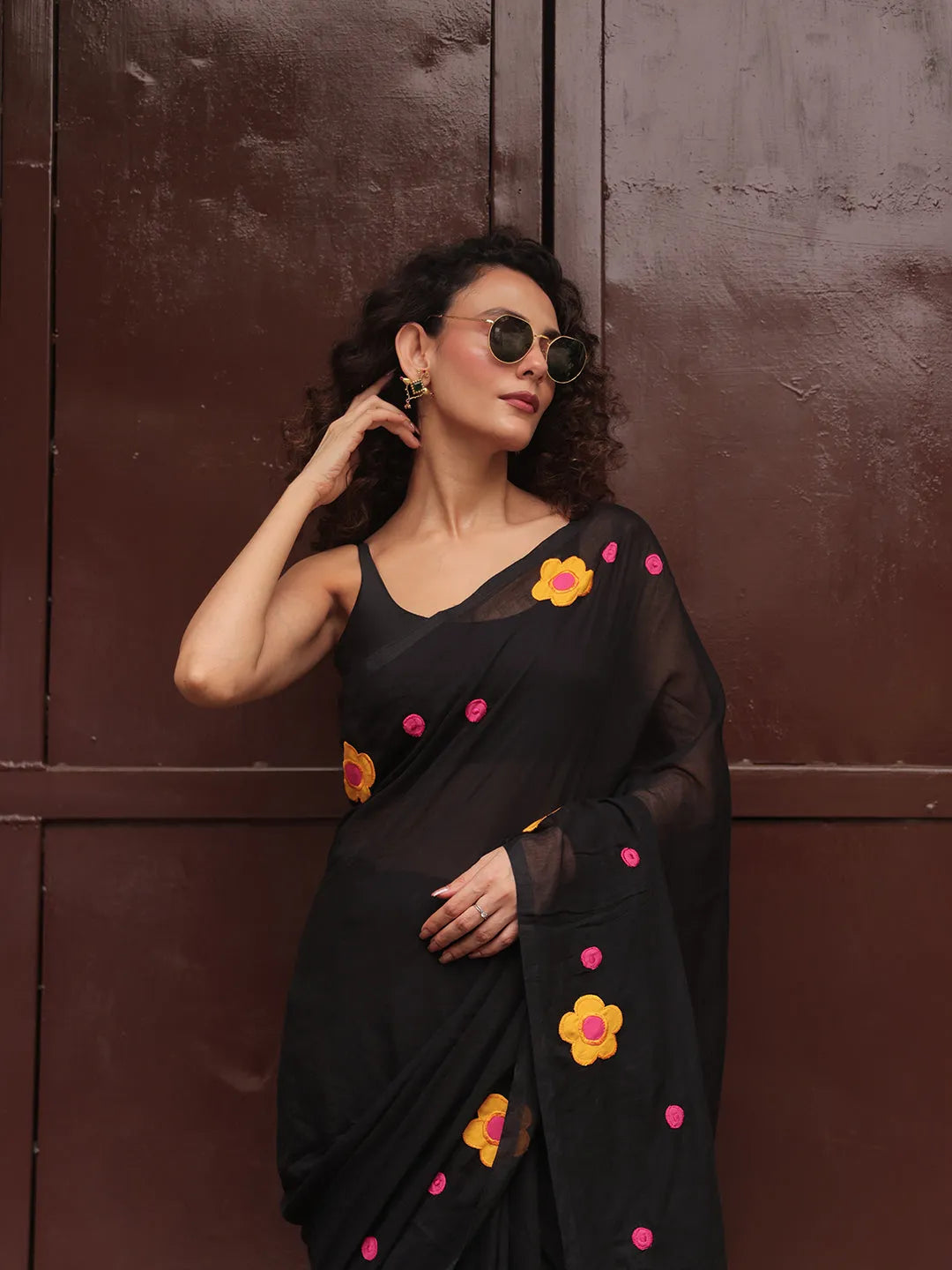 Black Mul Cotton Saree with Yellow & Pink Floral Appliqué and Tasselled Pallu