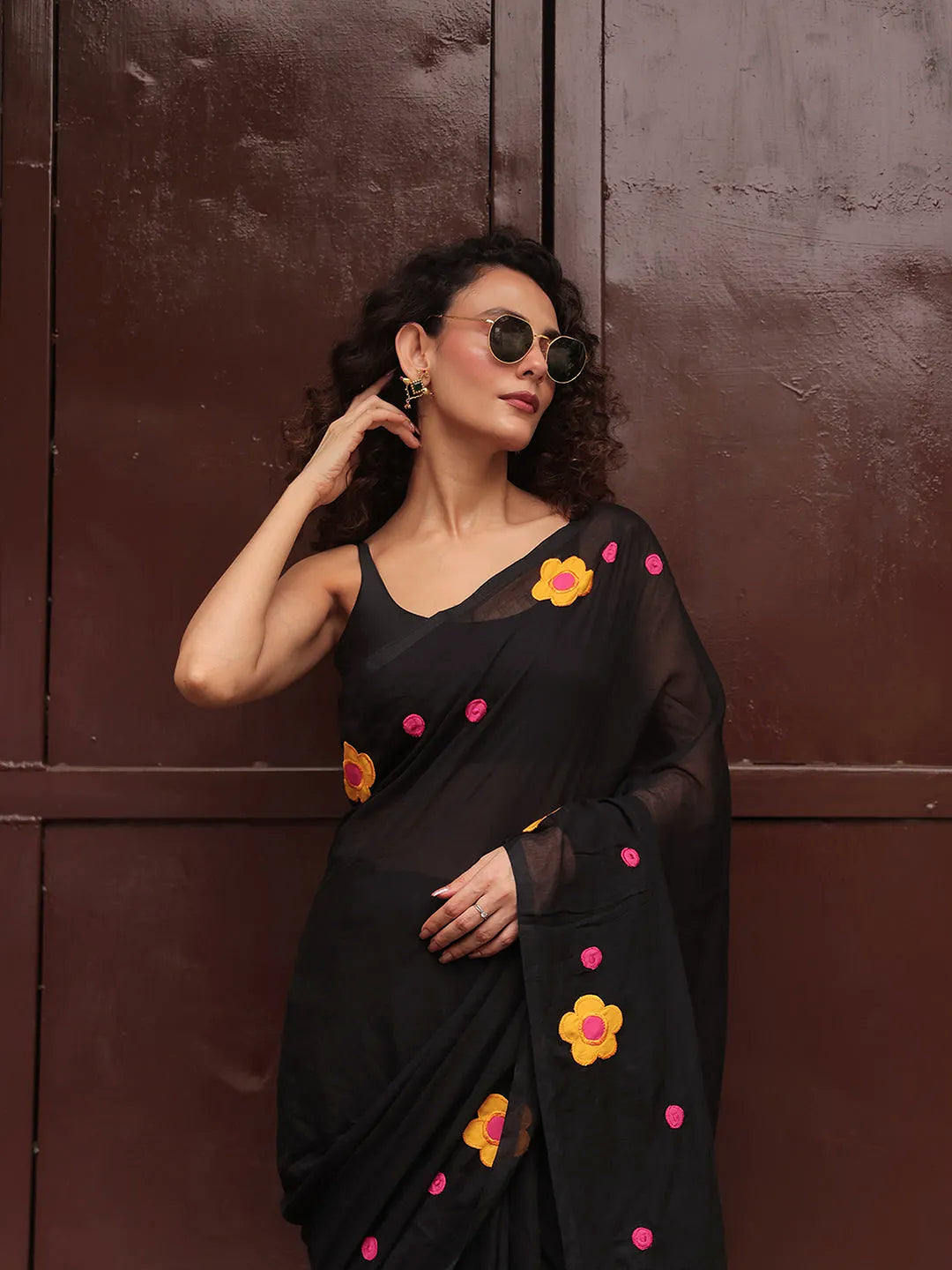 Black Mul Cotton Saree with Yellow & Pink Floral Appliqué and Tasselled Pallu, Comes With Attached Blouse Piece