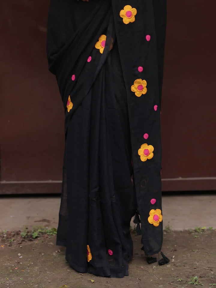 Black Mul Cotton Saree with Yellow & Pink Floral Appliqué and Tasselled Pallu