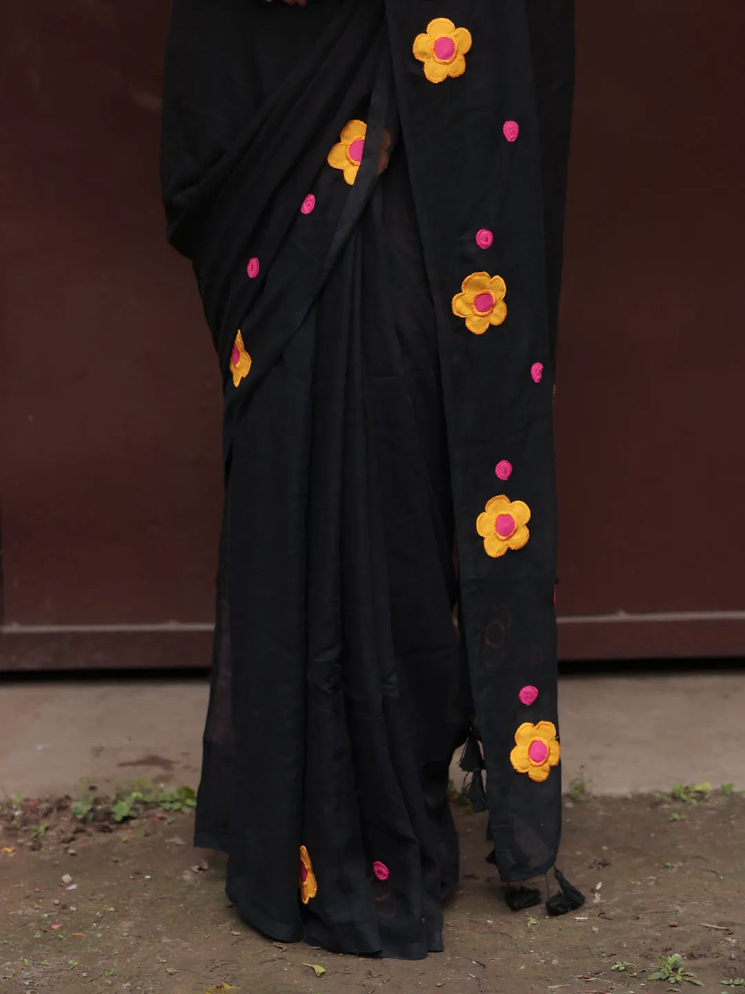 Black Mul Cotton Saree with Yellow & Pink Floral Appliqué and Tasselled Pallu, Comes With Attached Blouse Piece