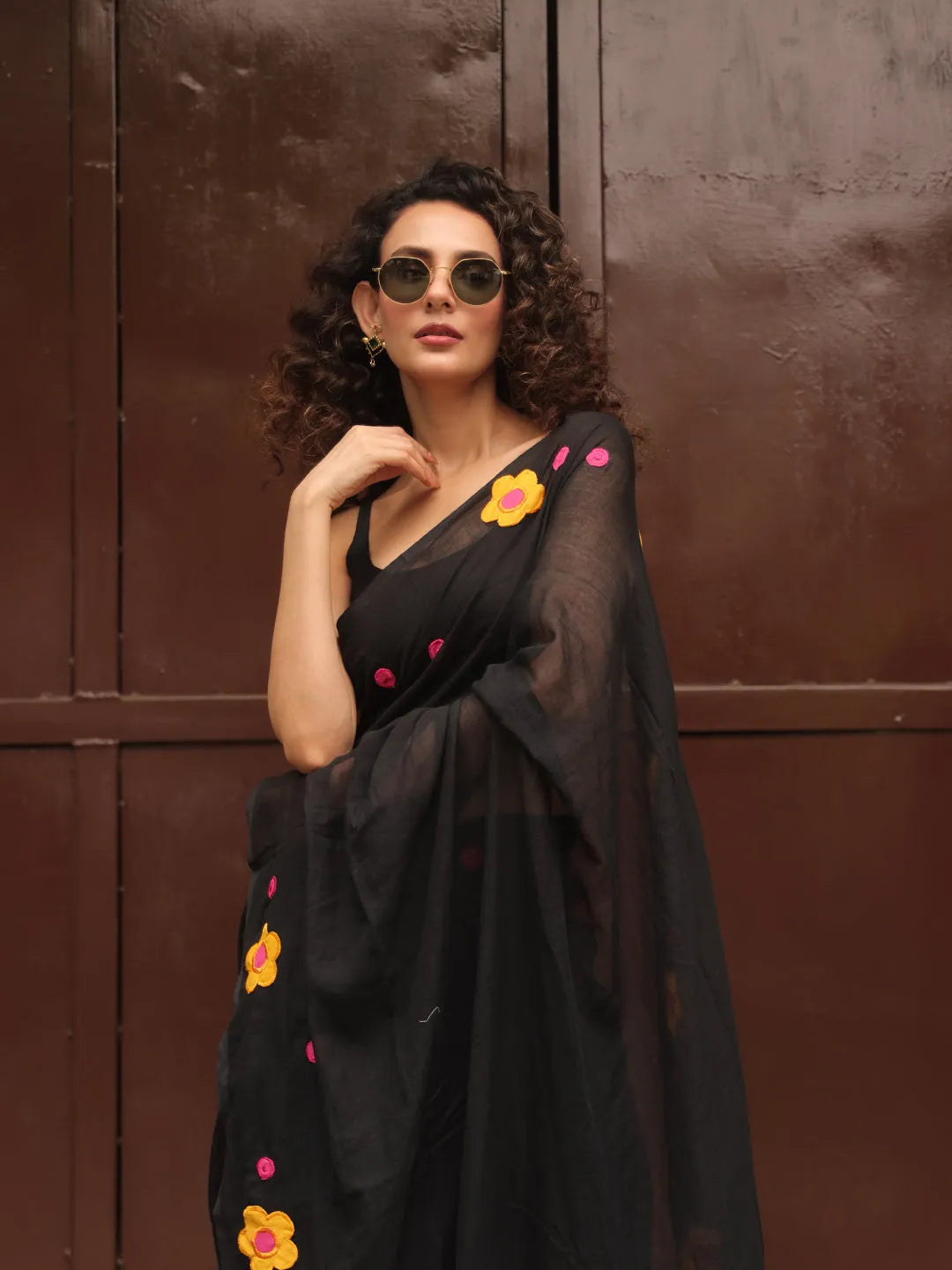 Black Mul Cotton Saree with Yellow & Pink Floral Appliqué and Tasselled Pallu