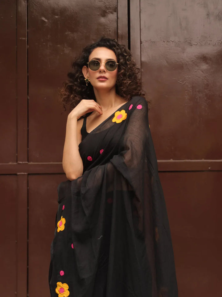 Black Mul Cotton Saree with Yellow & Pink Floral Appliqué and Tasselled Pallu