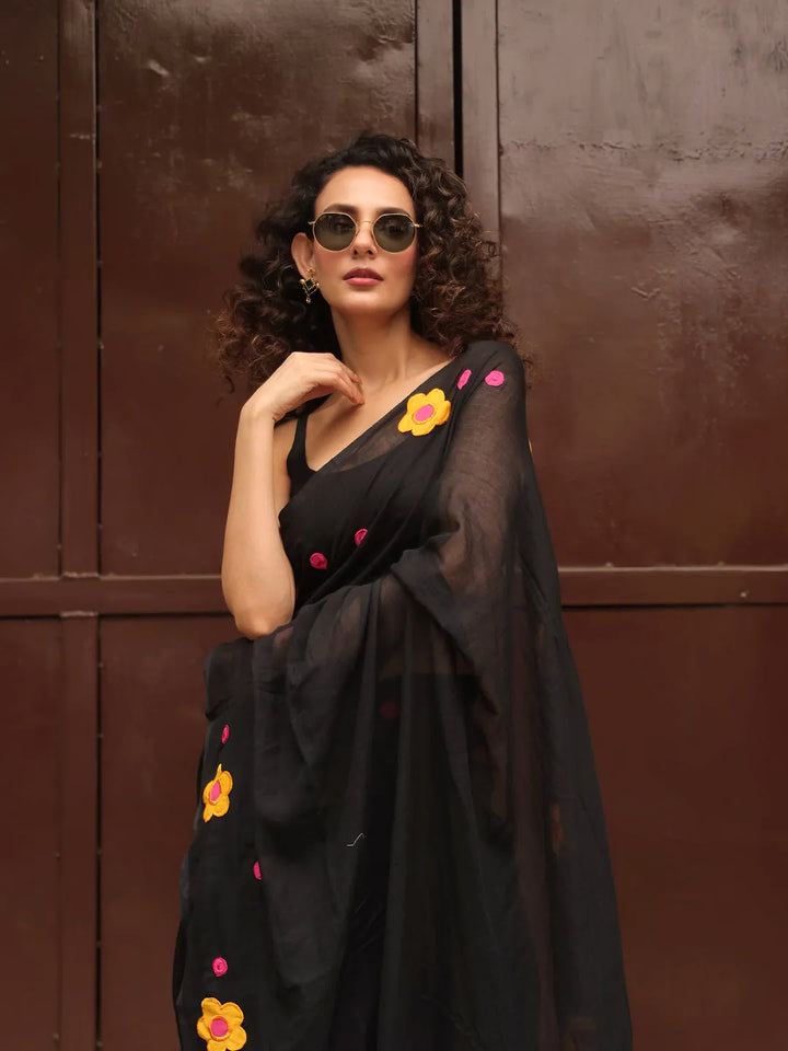 Black Mul Cotton Saree with Yellow & Pink Floral Appliqué and Tasselled Pallu, Comes With Attached Blouse Piece