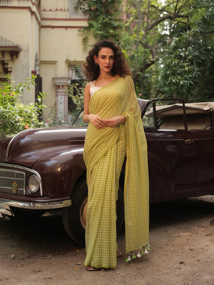 Lime Green & White Gingham Check Mul Cotton Saree with Tasselled Pallu