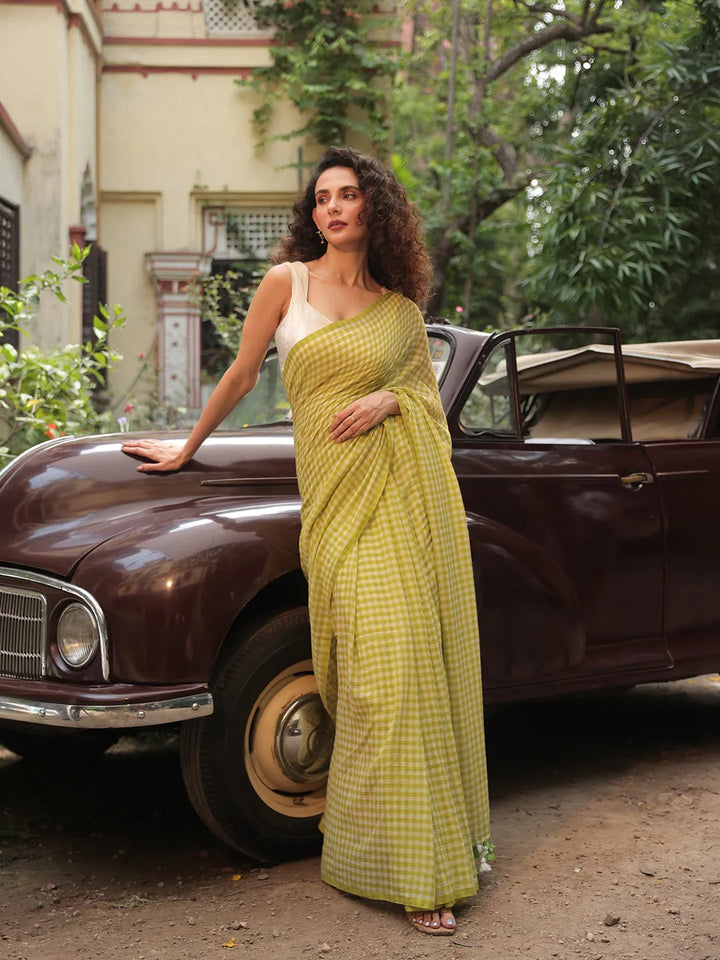 Lime Green & White Gingham Check Mul Cotton Saree with Tasselled Pallu