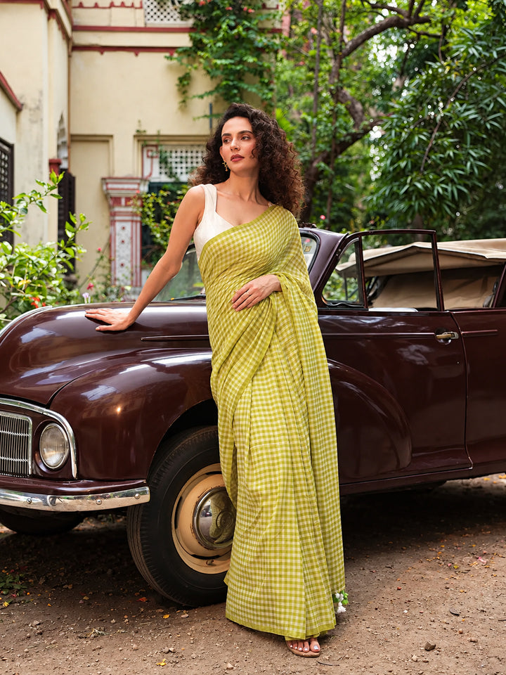 Lime Green & White Gingham Check Mul Cotton Saree with Tasselled Pallu, Comes With Attached Blouse Piece