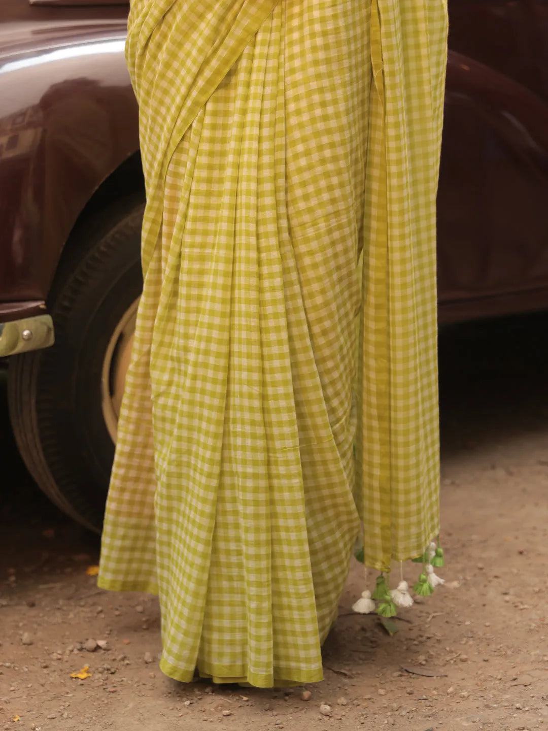 Lime Green & White Gingham Check Mul Cotton Saree with Tasselled Pallu
