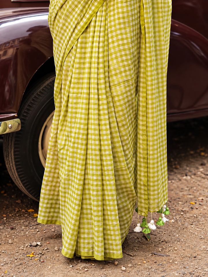 Lime Green & White Gingham Check Mul Cotton Saree with Tasselled Pallu, Comes With Attached Blouse Piece