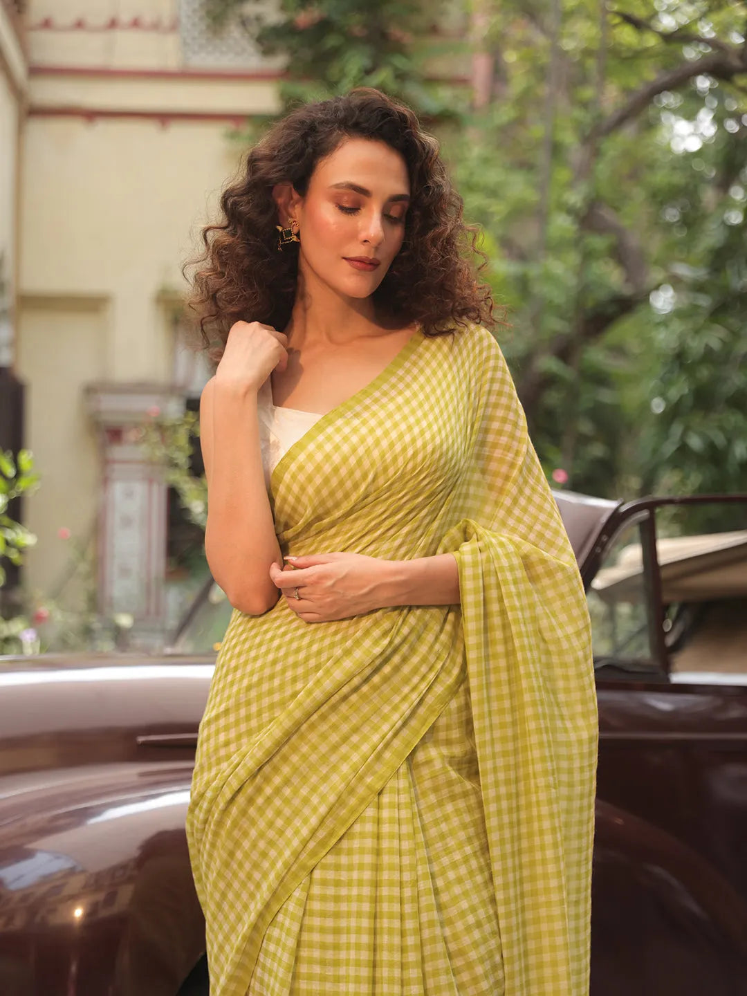 Lime Green & White Gingham Check Mul Cotton Saree with Tasselled Pallu