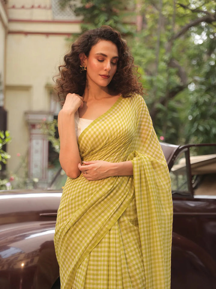 Lime Green & White Gingham Check Mul Cotton Saree with Tasselled Pallu