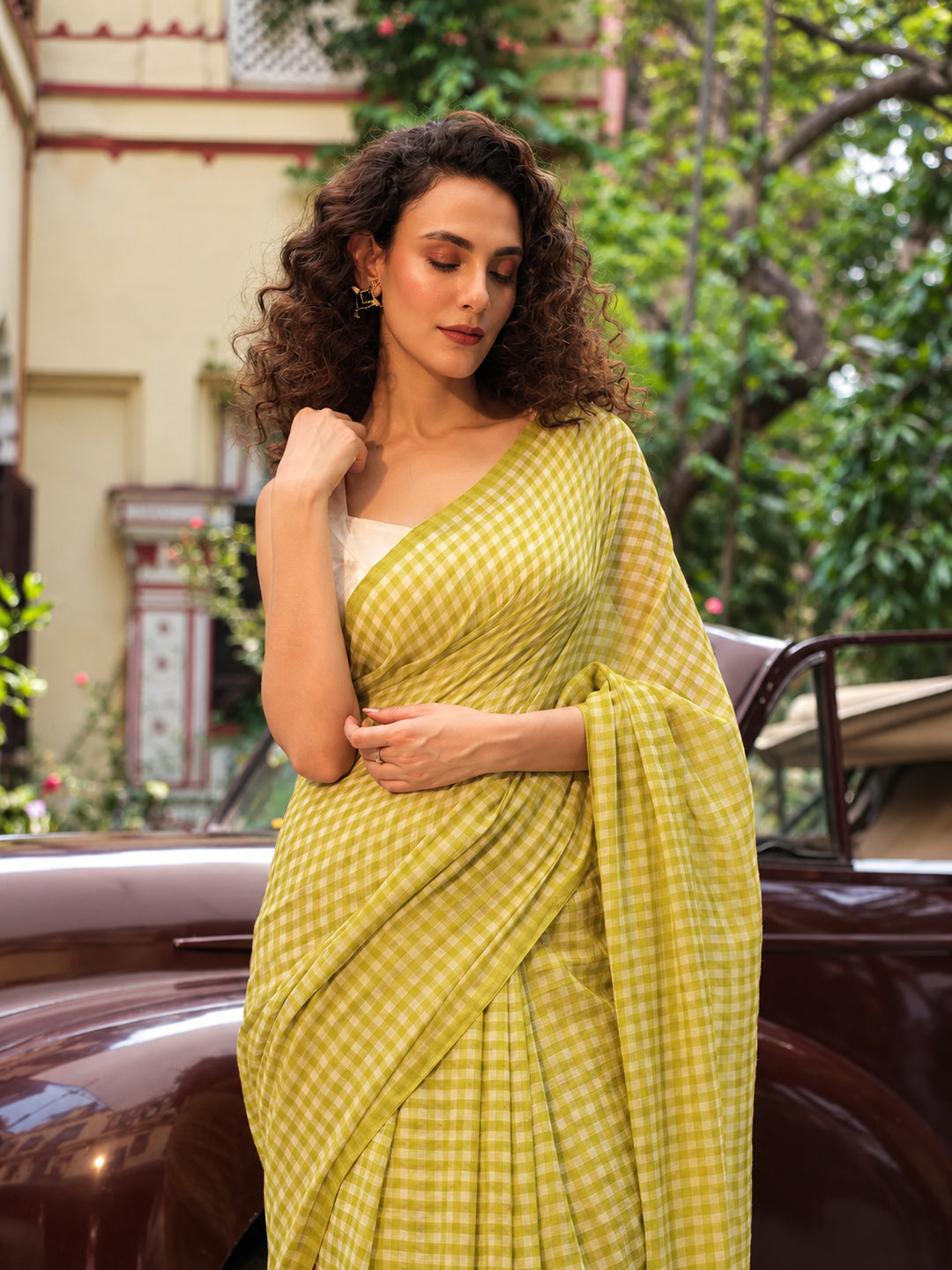 Lime Green & White Gingham Check Mul Cotton Saree with Tasselled Pallu, Comes With Attached Blouse Piece