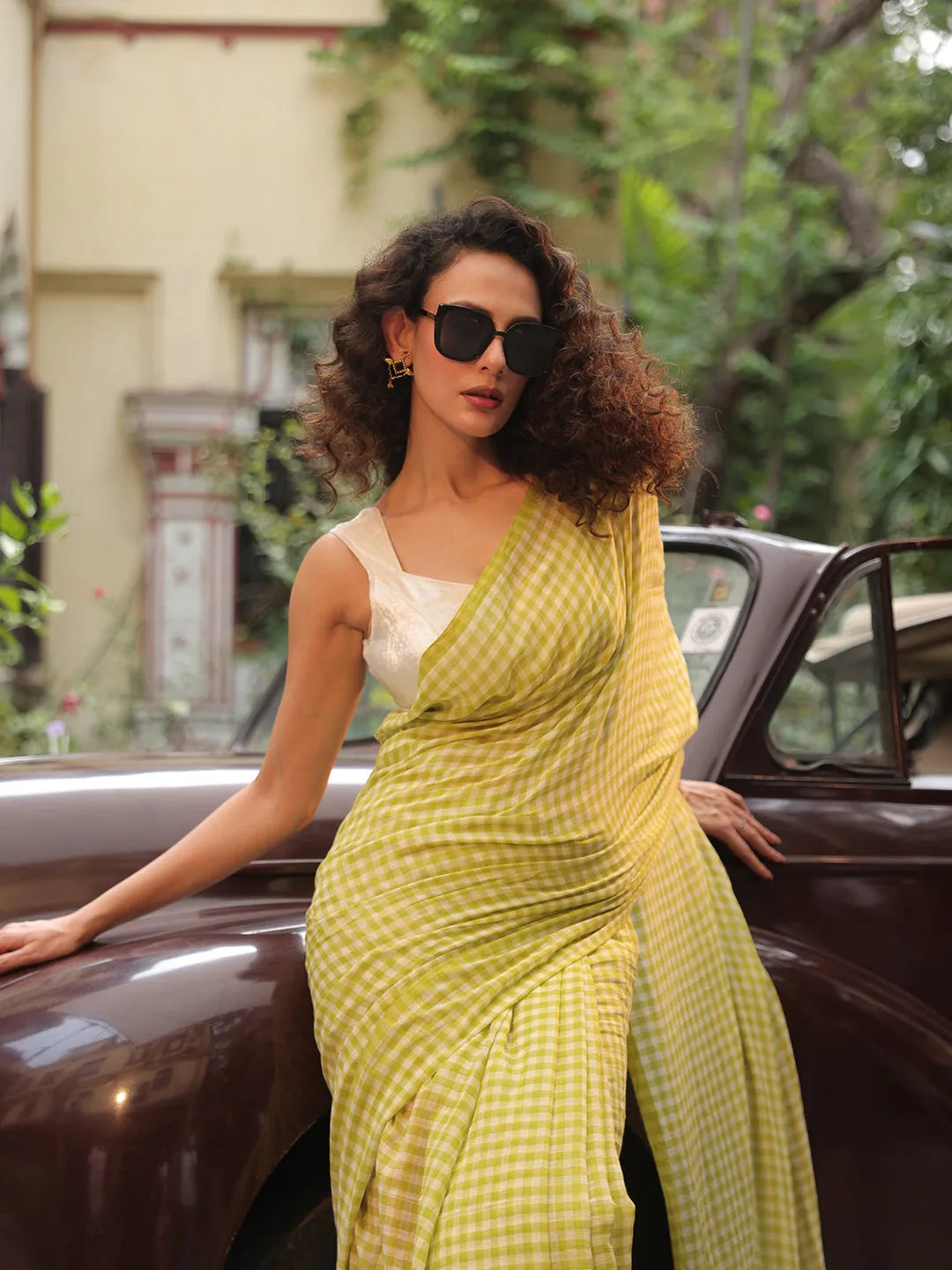 Lime Green & White Gingham Check Mul Cotton Saree with Tasselled Pallu