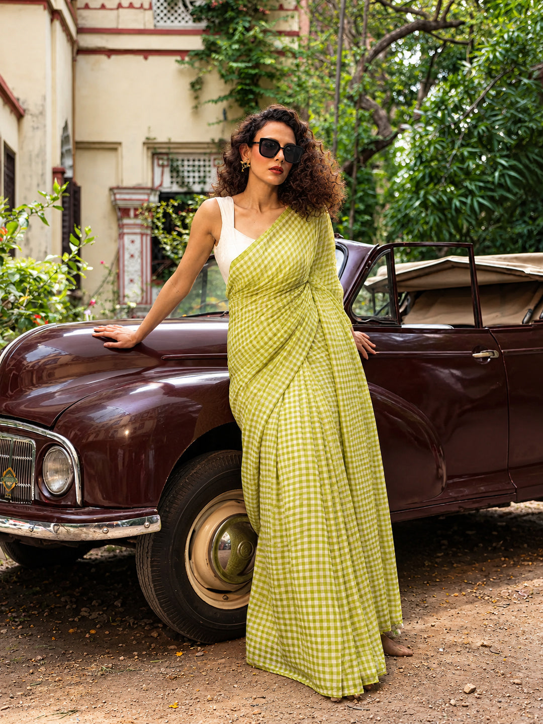 Lime Green & White Gingham Check Mul Cotton Saree with Tasselled Pallu, Comes With Attached Blouse Piece