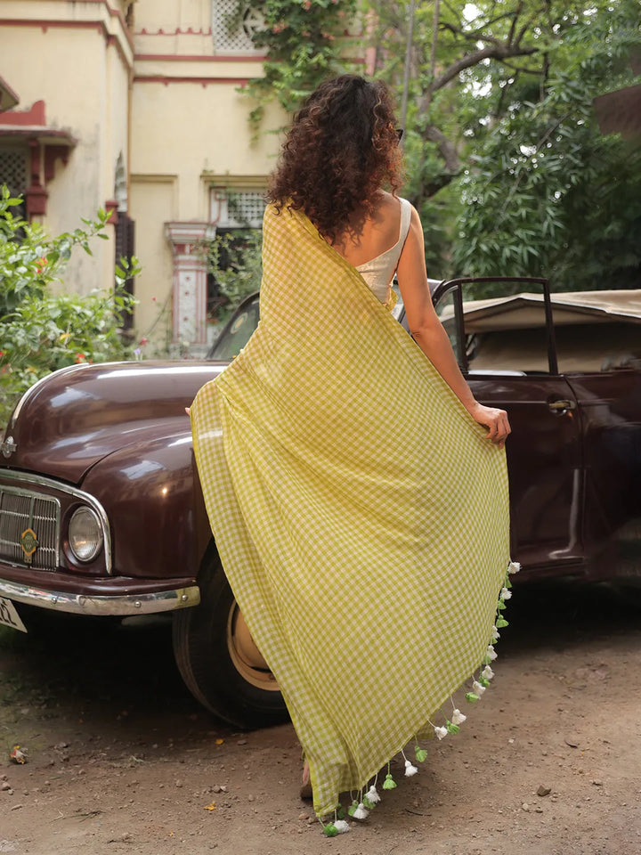 Lime Green & White Gingham Check Mul Cotton Saree with Tasselled Pallu