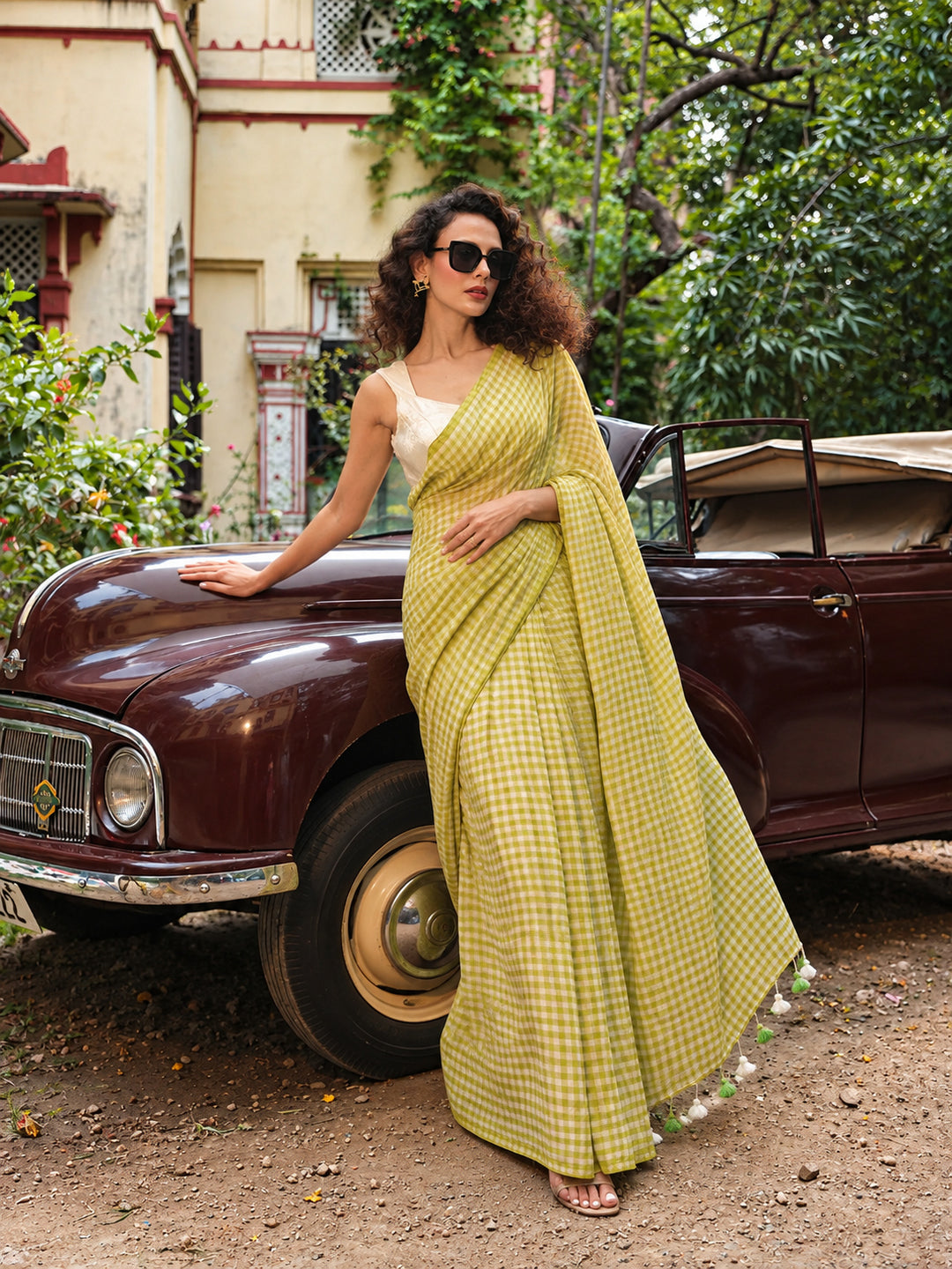 Lime Green & White Gingham Check Mul Cotton Saree with Tasselled Pallu, Comes With Attached Blouse Piece