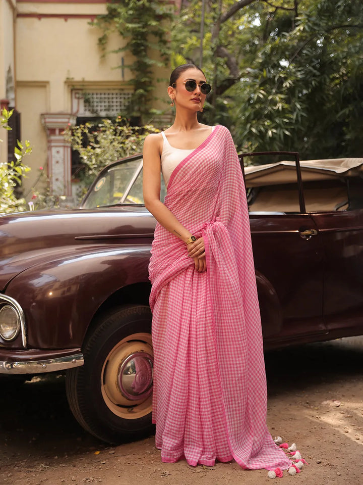 Blush Pink & White Gingham Check Mul Cotton Saree with Tasselled Pallu