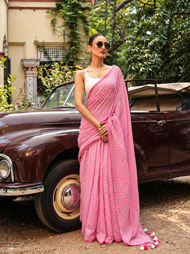 Blush Pink & White Gingham Check Mul Cotton Saree with Tasselled Pallu, Comes With Attached Blouse Piece