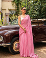Blush Pink & White Gingham Check Mul Cotton Saree with Tasselled Pallu, Comes With Attached Blouse Piece