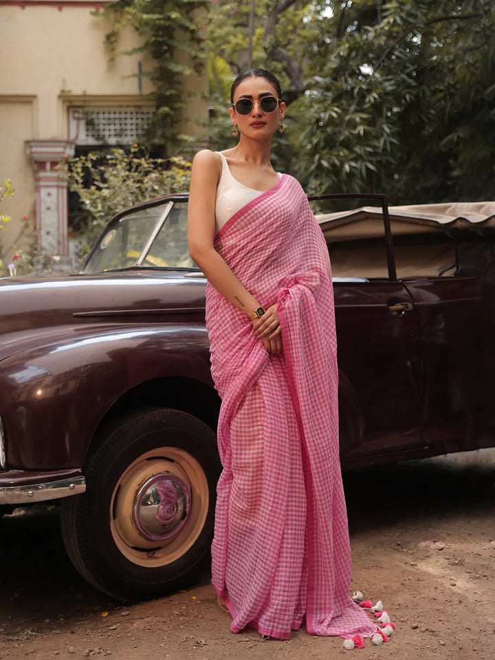 Blush Pink & White Gingham Check Mul Cotton Saree with Tasselled Pallu