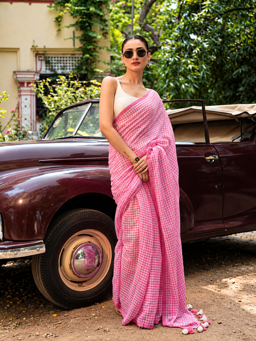 Blush Pink & White Gingham Check Mul Cotton Saree with Tasselled Pallu, Comes With Attached Blouse Piece