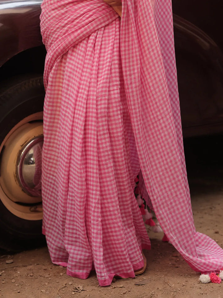 Blush Pink & White Gingham Check Mul Cotton Saree with Tasselled Pallu