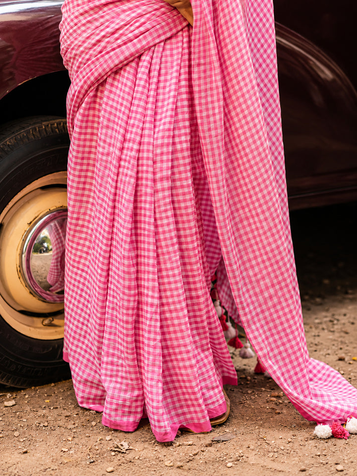 Blush Pink & White Gingham Check Mul Cotton Saree with Tasselled Pallu, Comes With Attached Blouse Piece