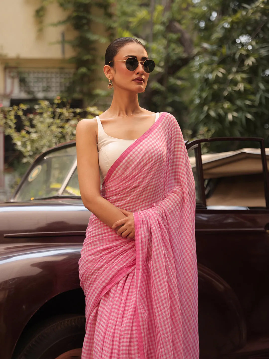 Blush Pink & White Gingham Check Mul Cotton Saree with Tasselled Pallu