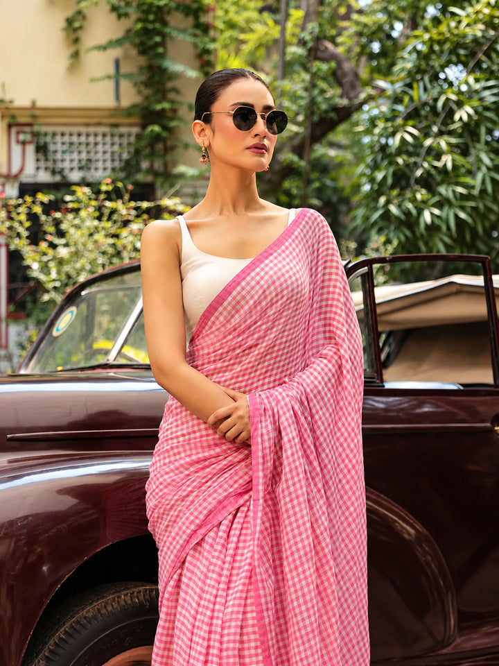 Blush Pink & White Gingham Check Mul Cotton Saree with Tasselled Pallu, Comes With Attached Blouse Piece