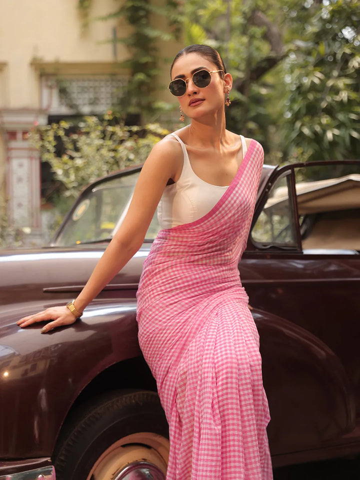 Blush Pink & White Gingham Check Mul Cotton Saree with Tasselled Pallu