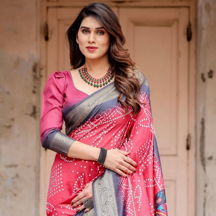 Rani Pink Tussar Silk Saree with Bandhani Print, Antique Zari Border, Peacock Pallu & Tassels