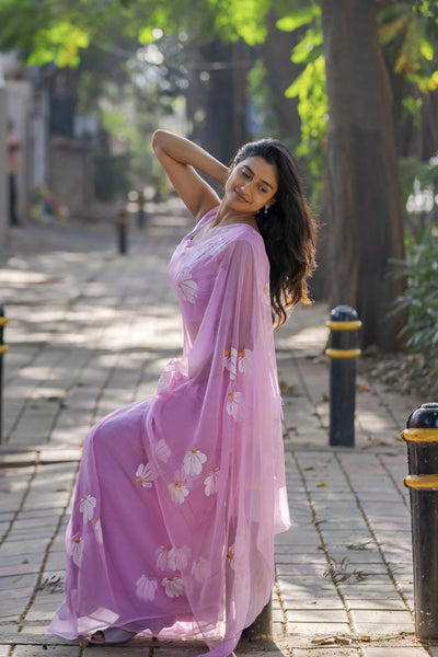 Lavender Pink Pure Georgette Hand-Painted Saree with White Floral Motifs & Sequin Detailing