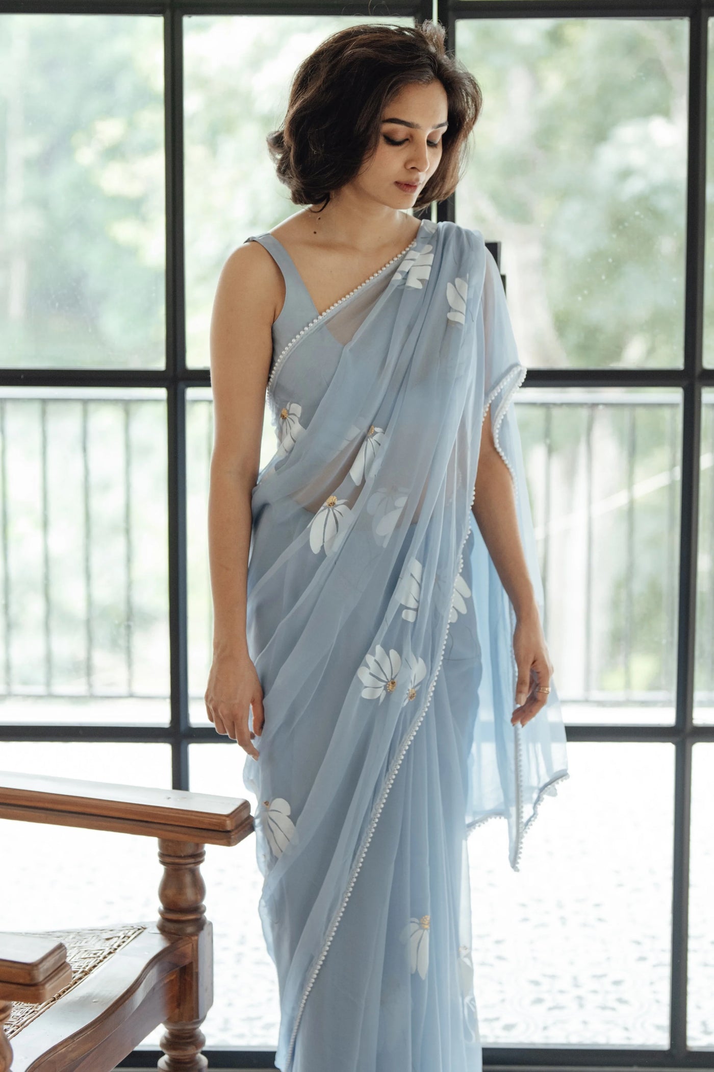 Sky Blue Pure Georgette Hand-Painted Floral Saree with Sequins & Pearl Detailing | Satin Blouse