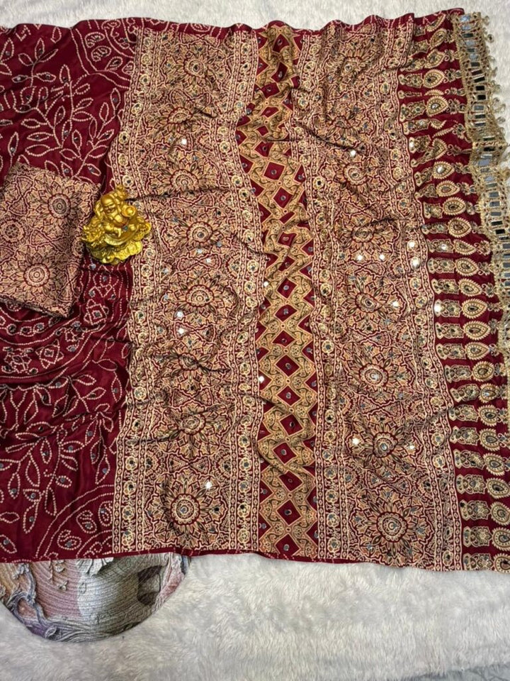 Wine Red Modal Silk Saree with Floral Mandala Print, Mirror Lace Border & Designer Pallu | Festive Wear Saree