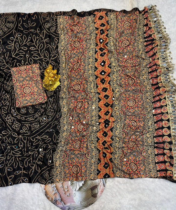 Black Modal Silk Saree with Floral Mandala Print, Mirror Lace Border & Designer Pallu | Festive Wear Saree