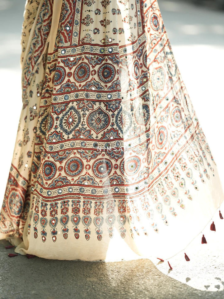 Ajrakh Chinnon Printed Saree with Tassel Detailing & Attached Blouse (No Mirror Work)