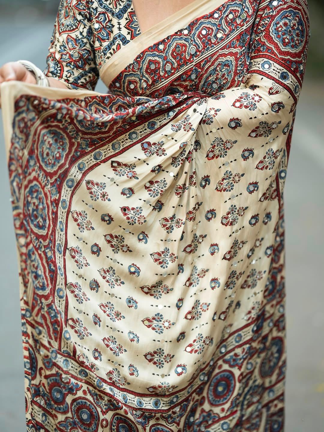 Ajrakh Chinnon Printed Saree with Tassel Detailing & Attached Blouse (No Mirror Work)