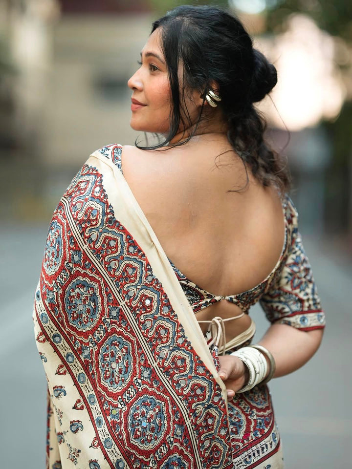 Ajrakh Chinnon Printed Saree with Tassel Detailing & Attached Blouse (No Mirror Work)